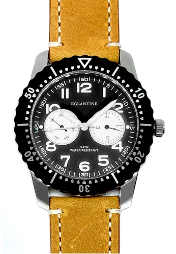 EGLANTINE black and brown and silver EGLANTINE® Terrenz Unisex Steel Quartz Watch Black Dial on Light Brown Leather Strap D65D5AC0C61DA2GS_1