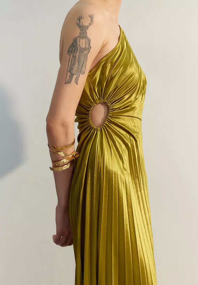 Asymmetric Pleated Detailed Satin Elegant Evening Dress