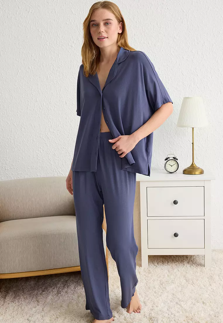 Navy Blue Comfortable Viscose Maternity Knitted Pajama Set THMSS25PT00165