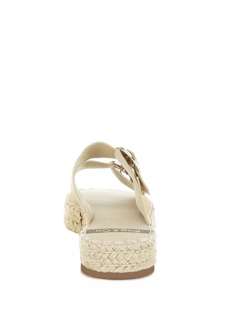 米色真皮軟皮帆布平底涼鞋