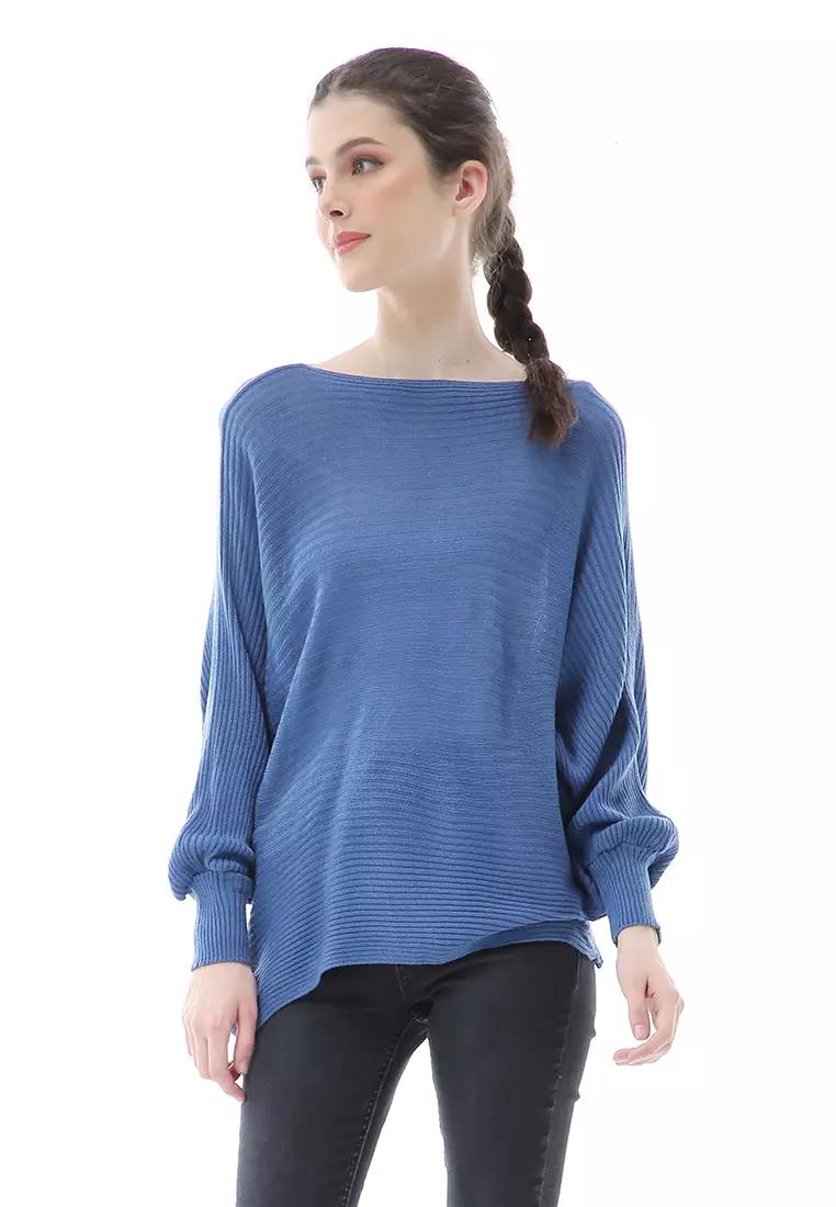 Eveline Sweater Rajut Batwing Atasan Wanita Motif Polos High Quality - Denim
