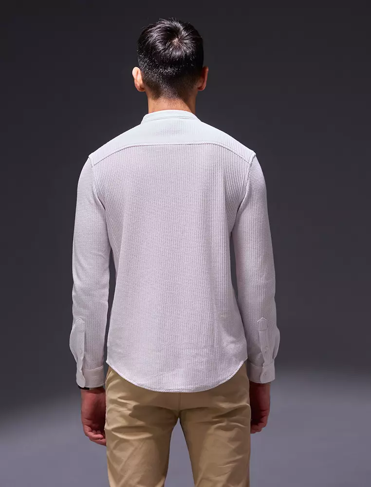 OXCON kemeja Tangan Panjang Waffle Kerah Collarless Putih