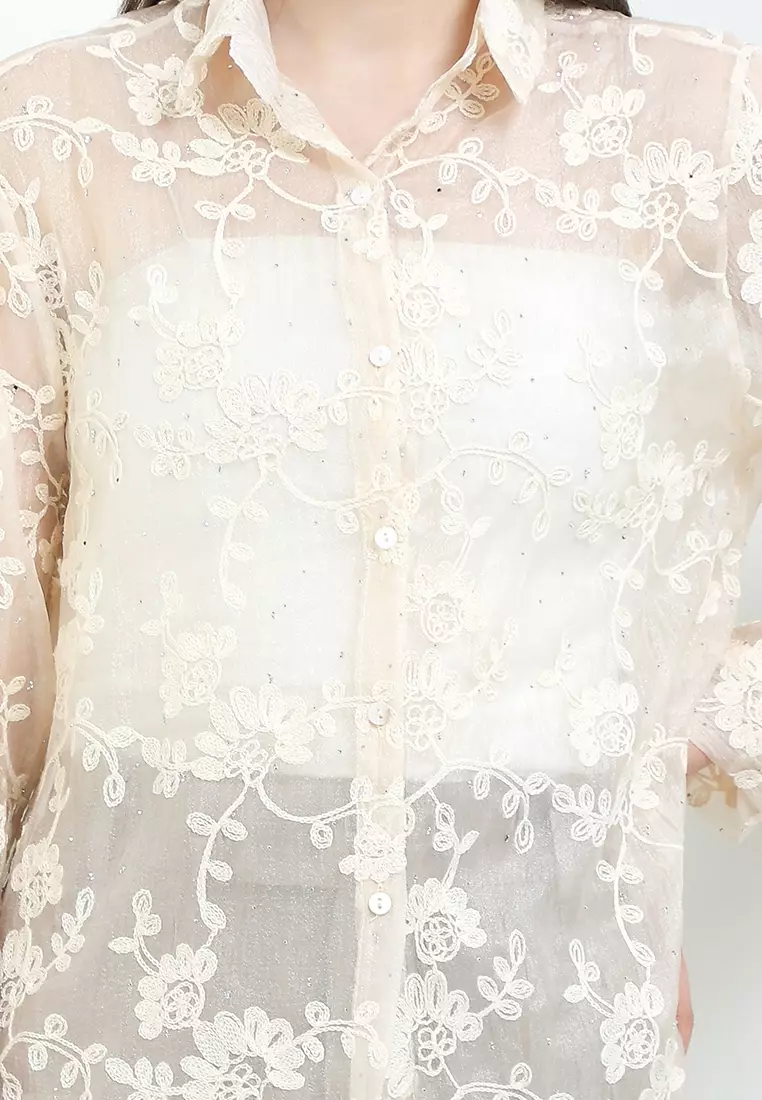 L/S Flo Emb Sheer Shirt W/ Studs