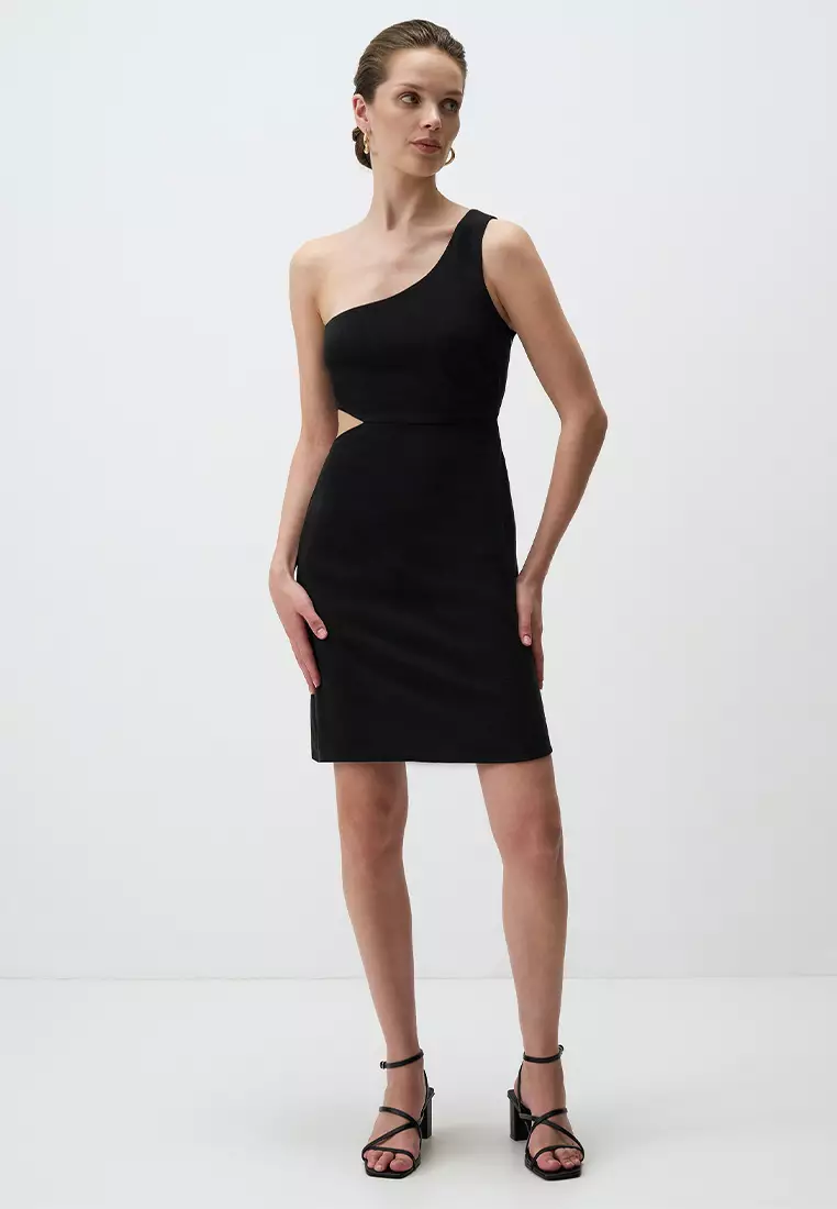 Jimmy Key Black One Shoulder Window Detail Mini Linen Dress