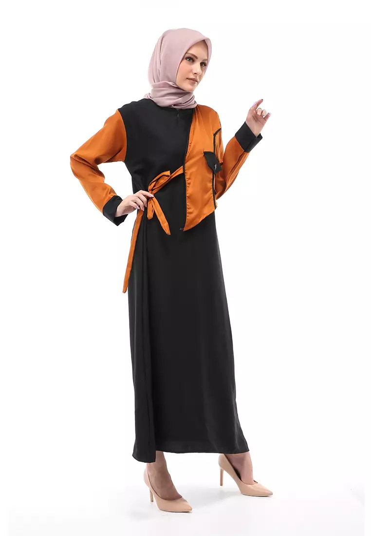 Andira Gamis Muslimah Long Dress Wanita Dual Tone Color Regular Fit - Black