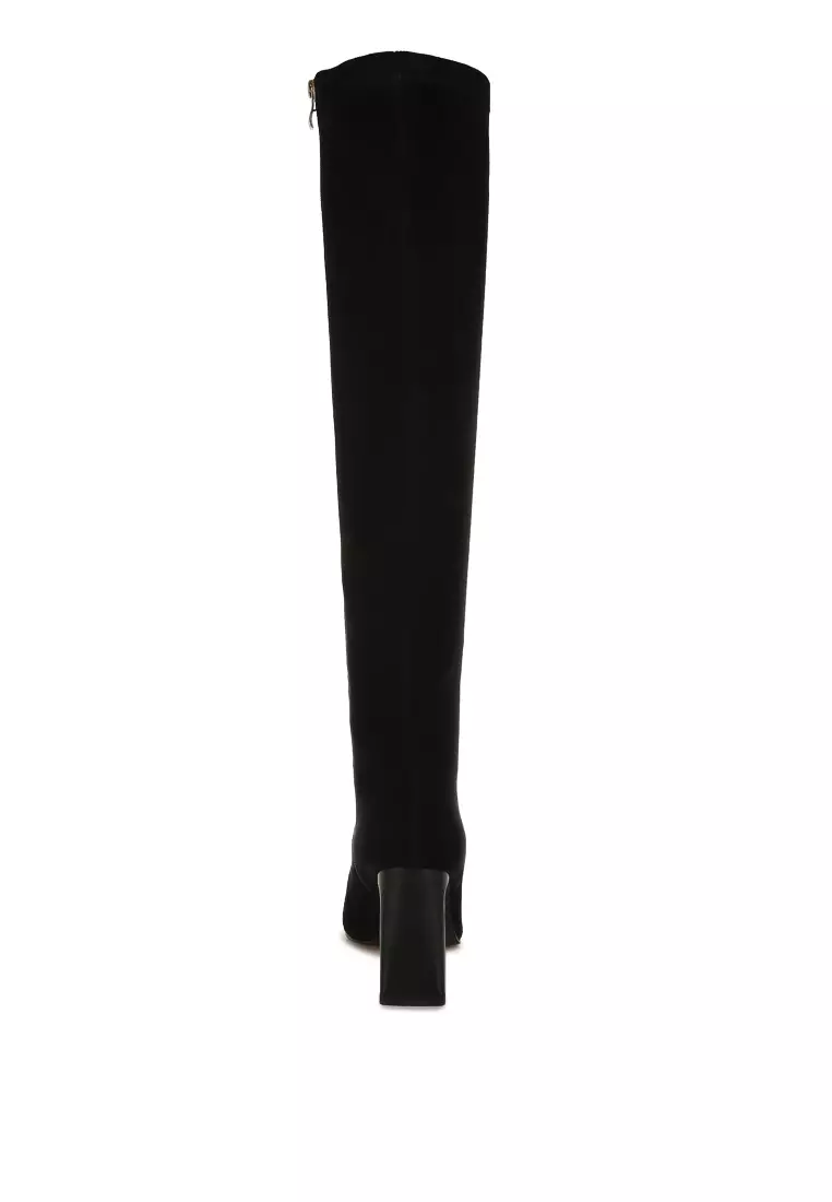Black Slim Block Heel Long Boots