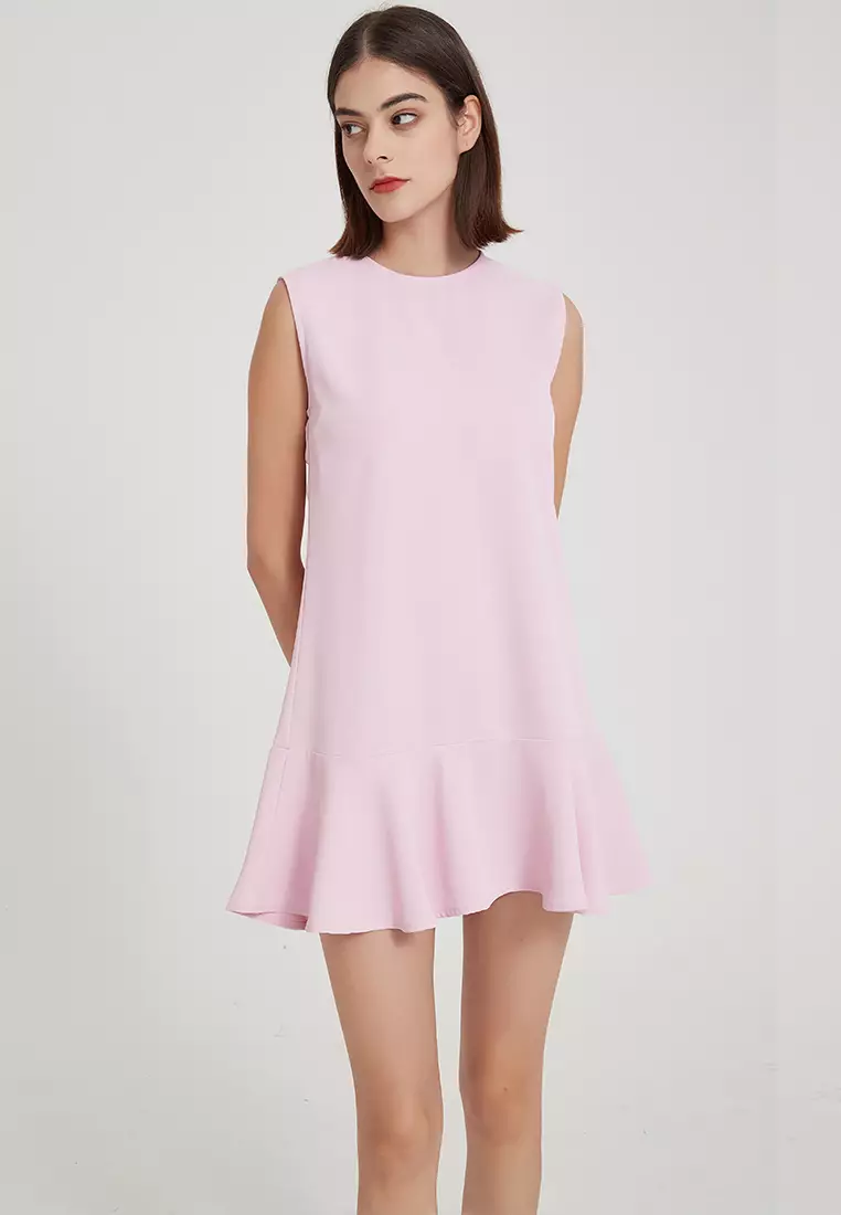 时尚气质高端简约无袖圆领荷叶边背心连衣裙经典纯红哑光缎面连身裙 B22041208PI