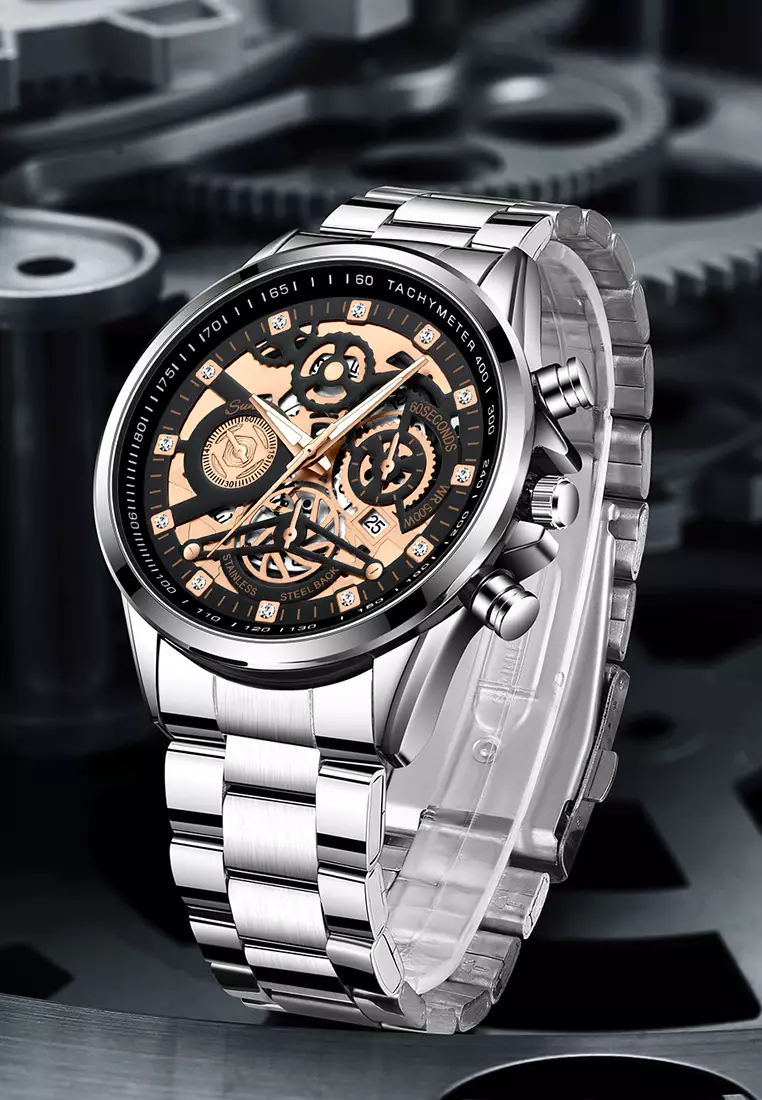 Jam Tangan Pria 3352 Bercahaya Dial Berongga Santai Mode Tali Stainless Steel Kalender Jam Tangan Cowok silver