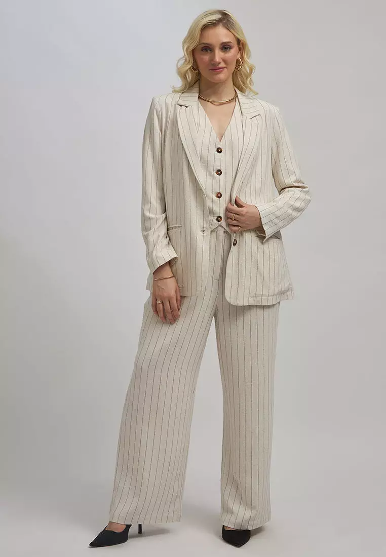 VIRGIO Linen Pinstripe Long Sleeve Blazer