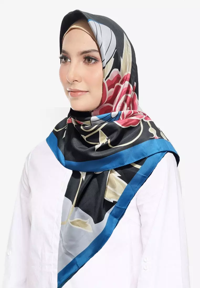 Samaiya Hijab Segi Empat Kerudung Silky Satin Square Scarf Black