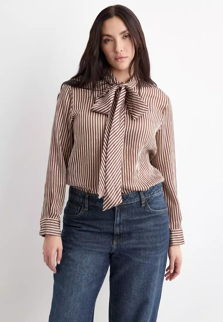 Striped Blouse With Bow Tie Neck
