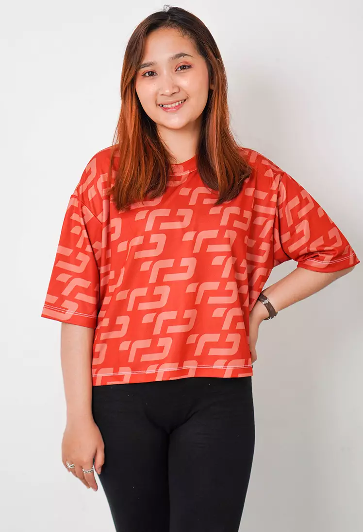 LSB39 baju olahraga wanita crop top oversize big size dry fit aerobic poundfit merah darah maroon
