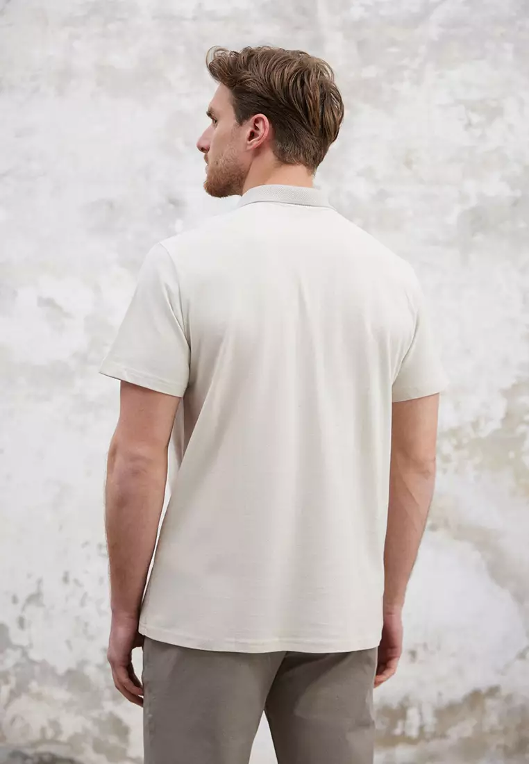 Stone Regular/Normal Cut Zippered 100% Cotton Polo Neck T-Shirt