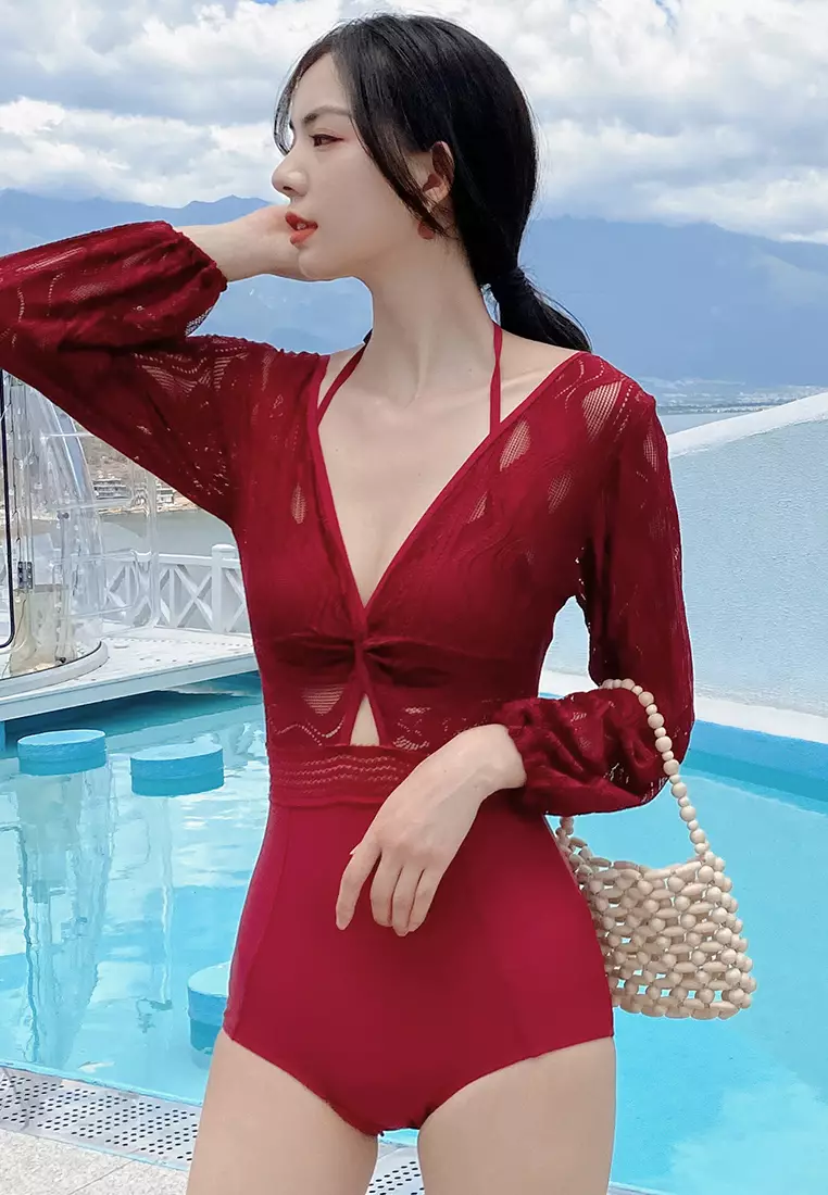 Red long sleeve one piece swimsuit outlet