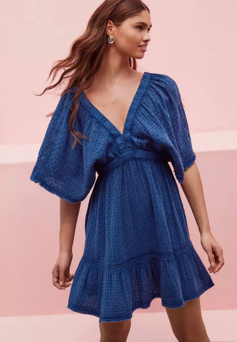 Textured V-Neck 100% Cotton Mini Dress