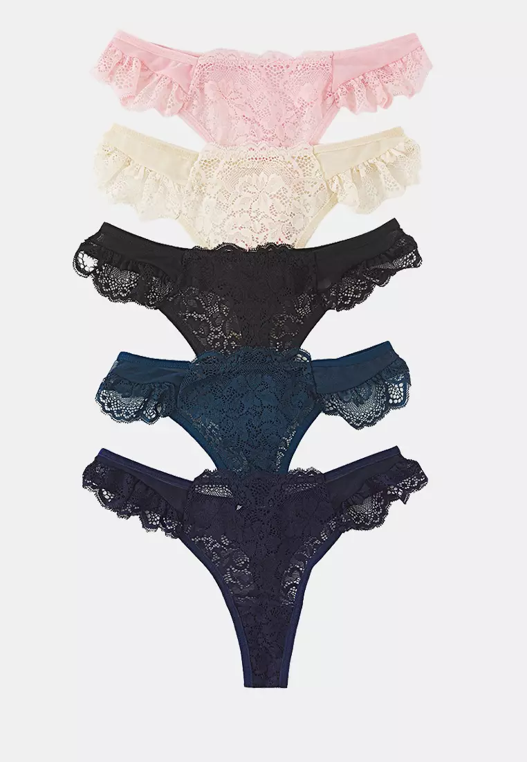 Blue-Multicolored 5-Pack Tulle Lace Detailed Thong Knitted Panties THMSS25KU00037