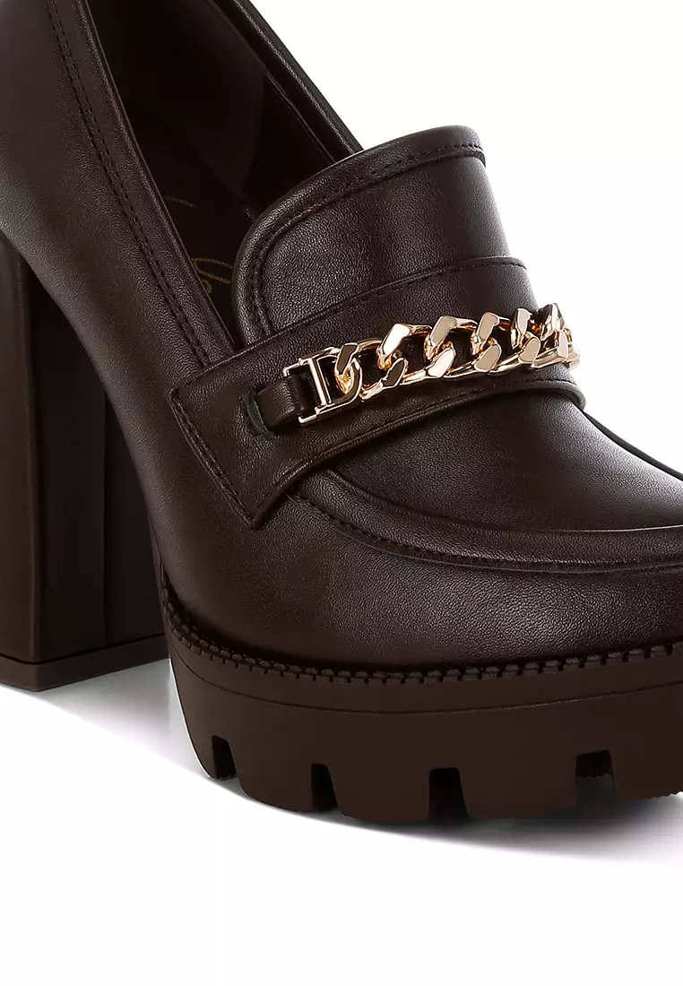 Brown Chunky High Block Heeled Loafers