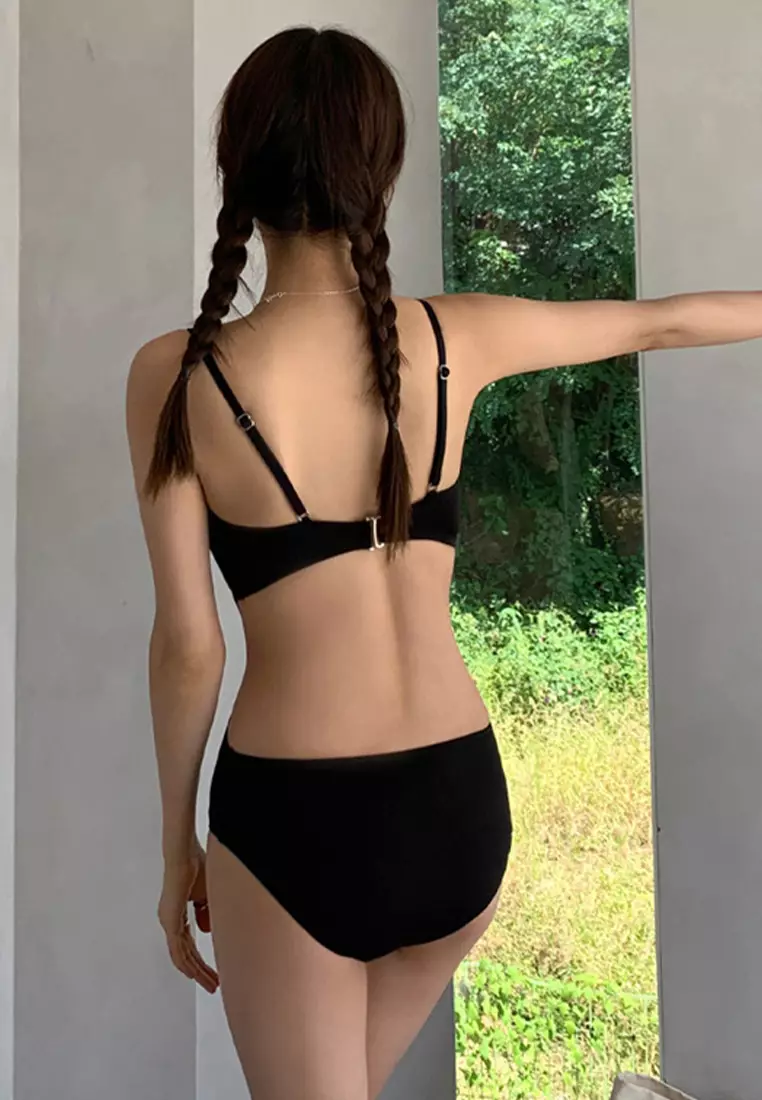 日韓純色吊帶漏連體泳衣 CA24032103BK