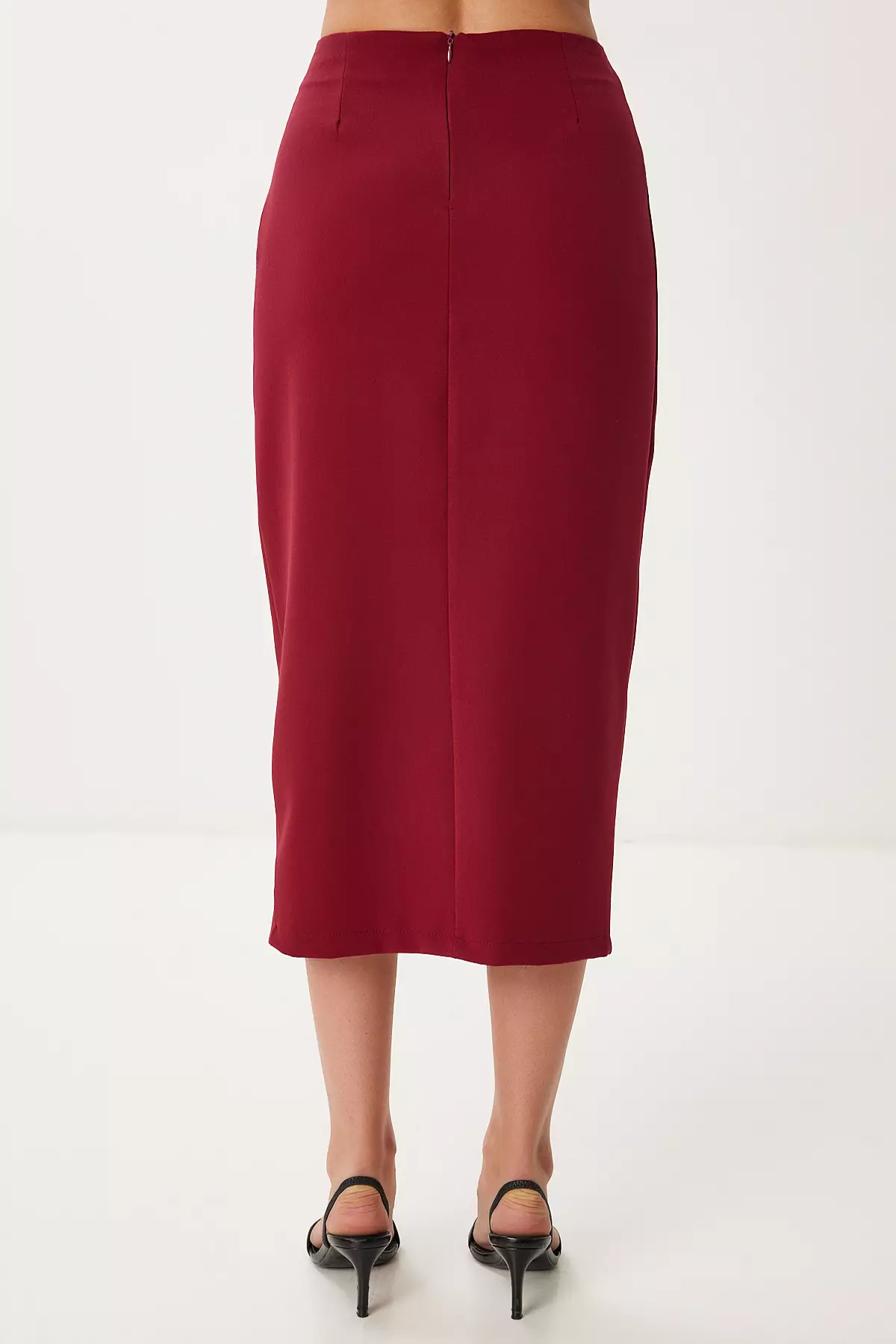 Women's Burgundy Slit Woven Pencil Skirt Rv00211
