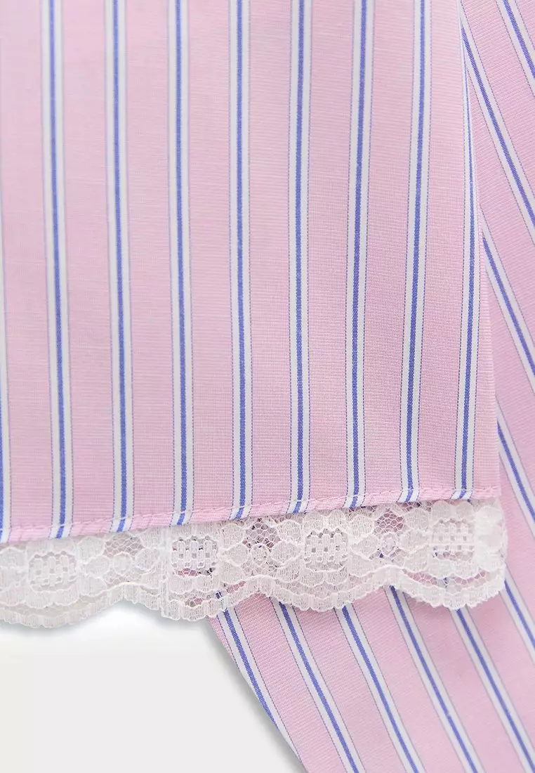 Lace Trim Cropped Stripe Shirt - Pink