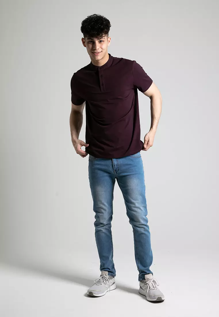 Forest Premium Weight Cotton Stretchable Mandarin Collar T Shirt Men Slim Fit Tee 23856-70DkPurple
