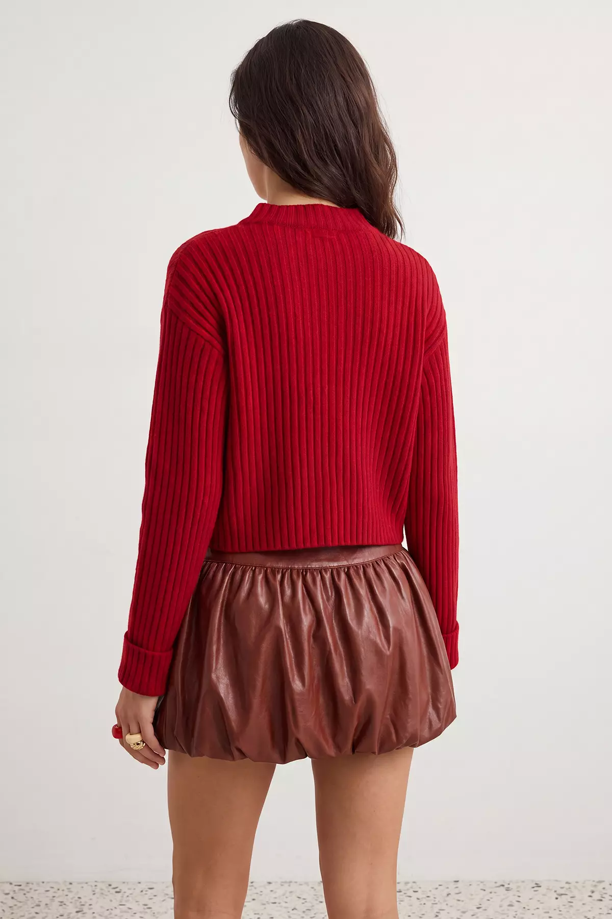 Red Crop Soft Textured High Neck Knitwear Cardigan Twoaw22Hi0174