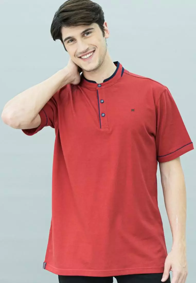 Johnwin - Kaos Henley - Kaos Lengan Pendek - Kerah Shanghai - Merah - APS.630.M358E.01.C-S/S