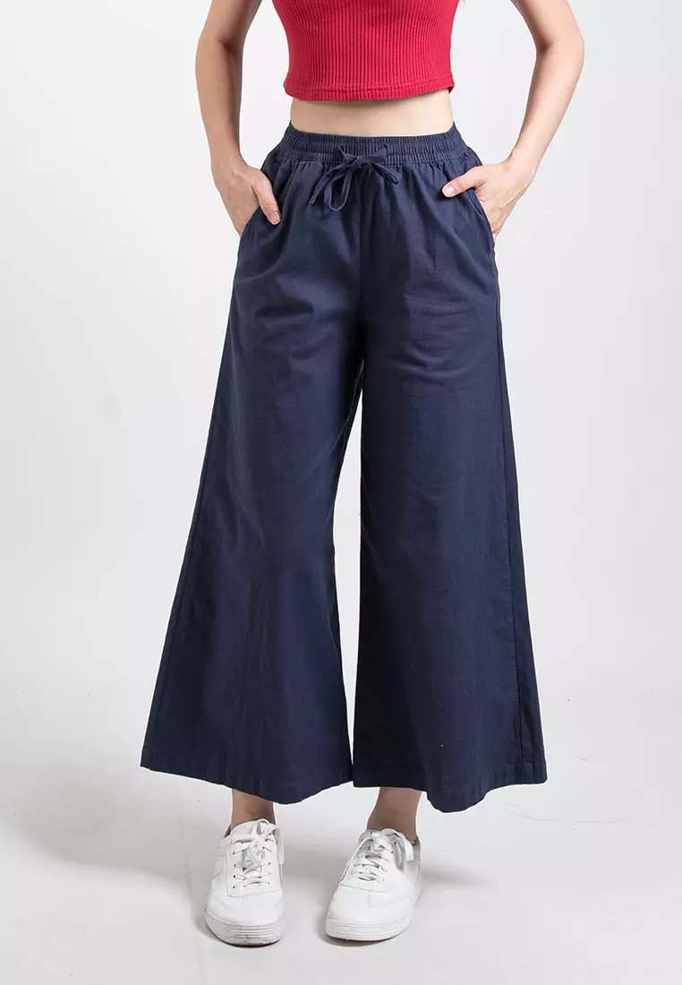 Forest Ladies Stretchable Cotton Linen Elastic Waist Wide Leg Pants Women Long Pants | Palazzo - 810473-33Navy