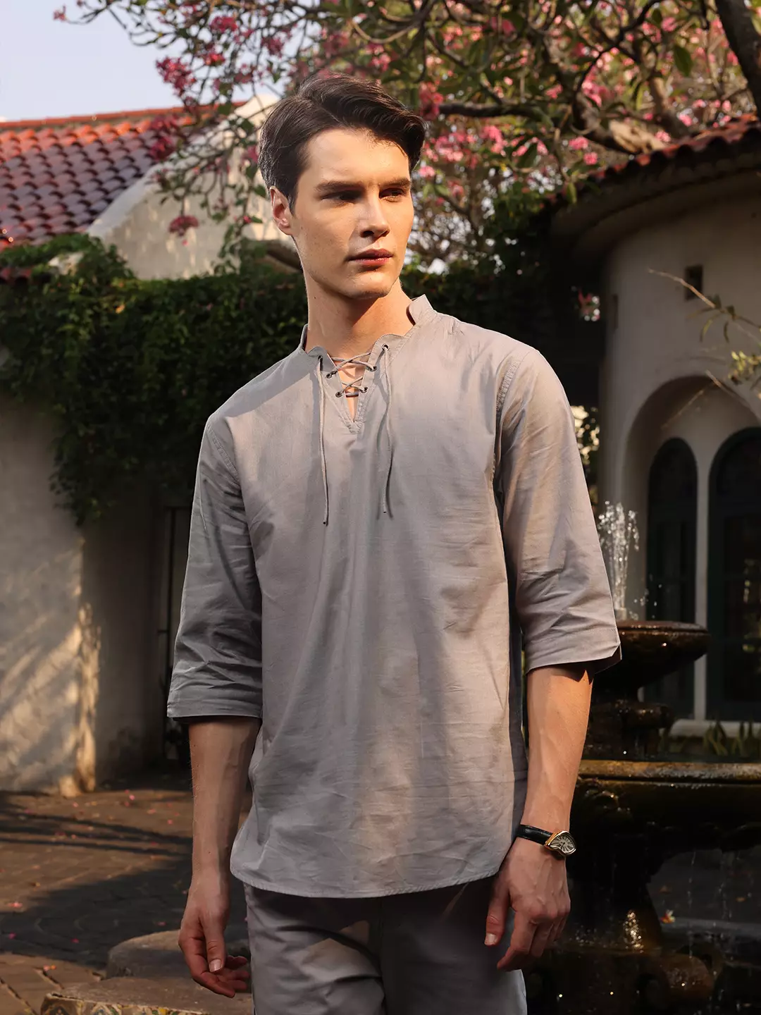 OXCON ZUHUD Kemeja koko Modern Linen Look Collarless Shirt Smoke Grey