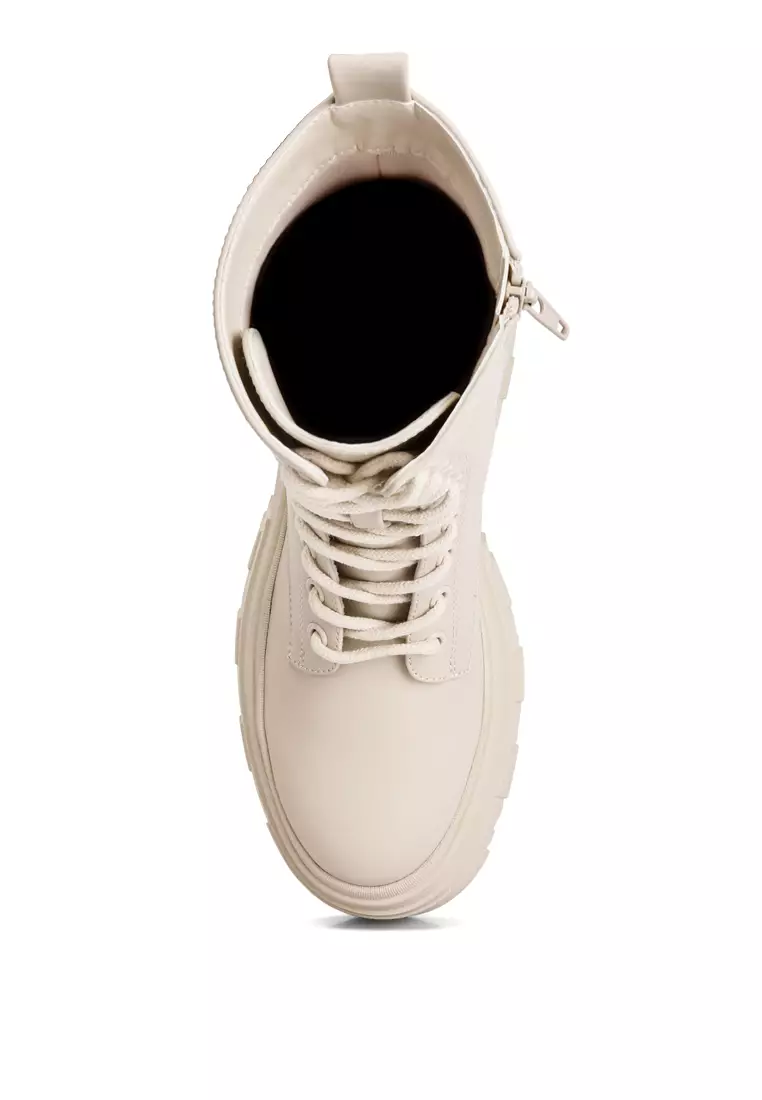 Ecru Faux Leather Combat Chunky Boots