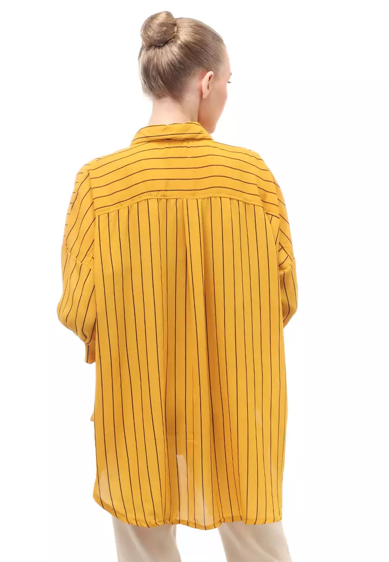 Shirt Salur Lengan Panjang Atasan Wanita Casual Front Button Opening - Mustard