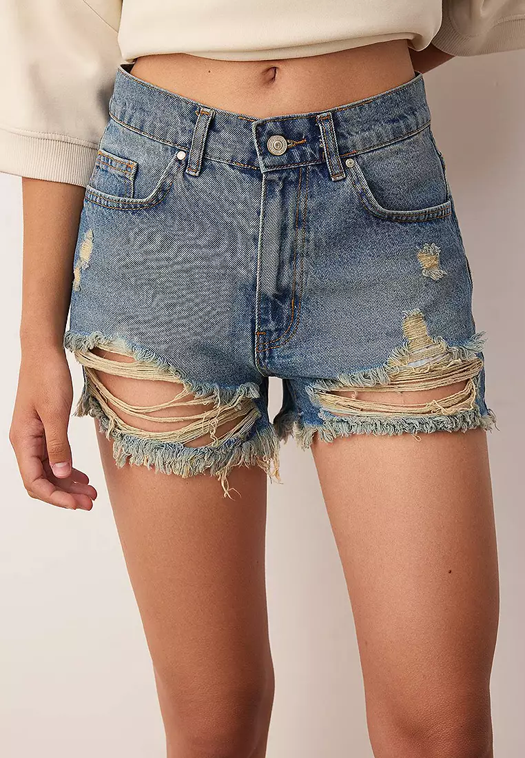 Cotton High Waist Ripped Denim Shorts