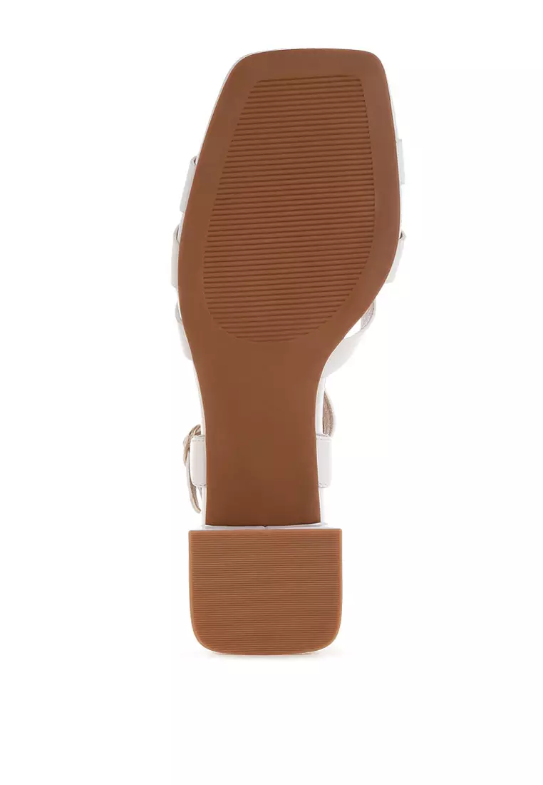 Strappy Square Toe Block Heels In White