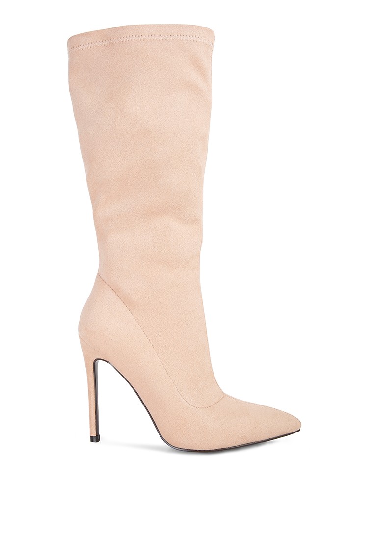 Beige Pointed Toe High Heeled Calf Boot