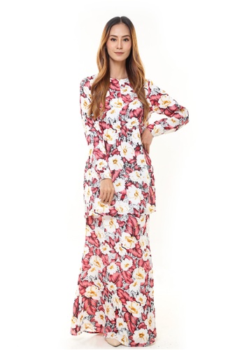 Rina Printed Kurung Red White Flower from Rina Nichie Couture in Red