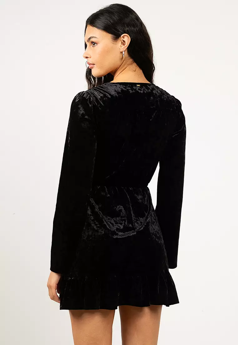 Long Sleeves Velvet Wrap Mini Dress
