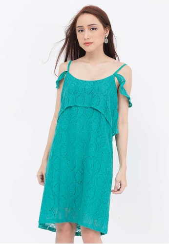 Turquoise Lace Ruffle Sleeve Dress