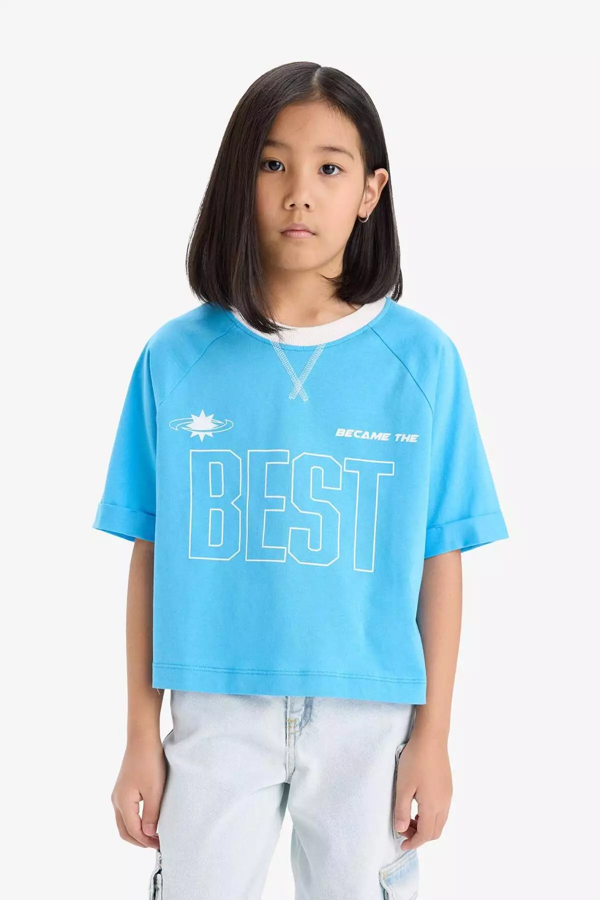 Girls' Boxy Fit Crew Neck Printed Short Sleeve T-Shirt E1896A825Sm