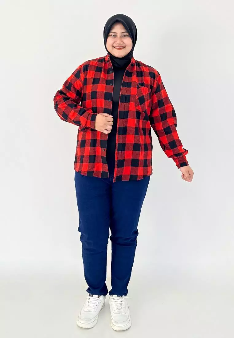 Kemeja Flanel Panjang Wanita (Jumbo Fit BB 95 kg) Merah - Hitam