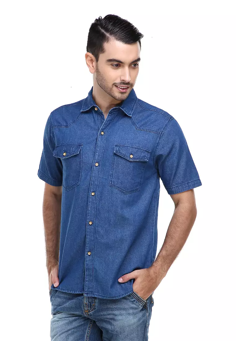 Dwan Shirt Kemeja Pria Kasual Lengan Pendek Material Jeans Premium ORIGINAL - Dark Blue