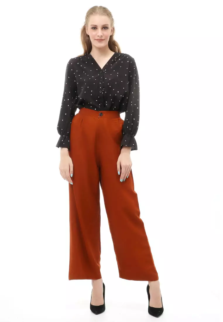 Jourel Celana Panjang Kasual Kulot Highwaist Wanita Style Kancing Resleting Material Rayon ORIGINAL - Copper Chocolate