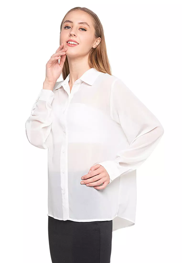 Calder Kemeja Atasan Transparan Front Button Opening Design Simple Plain Shirt Wanita - White