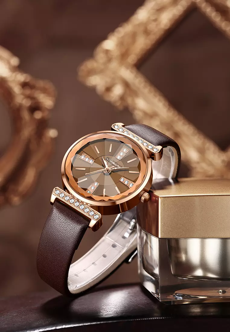 Jam Tangan Wanita Berlian Anggun Gaya Antik Tali Kulit Original Jam Tangan Cewek 8008 allbrown