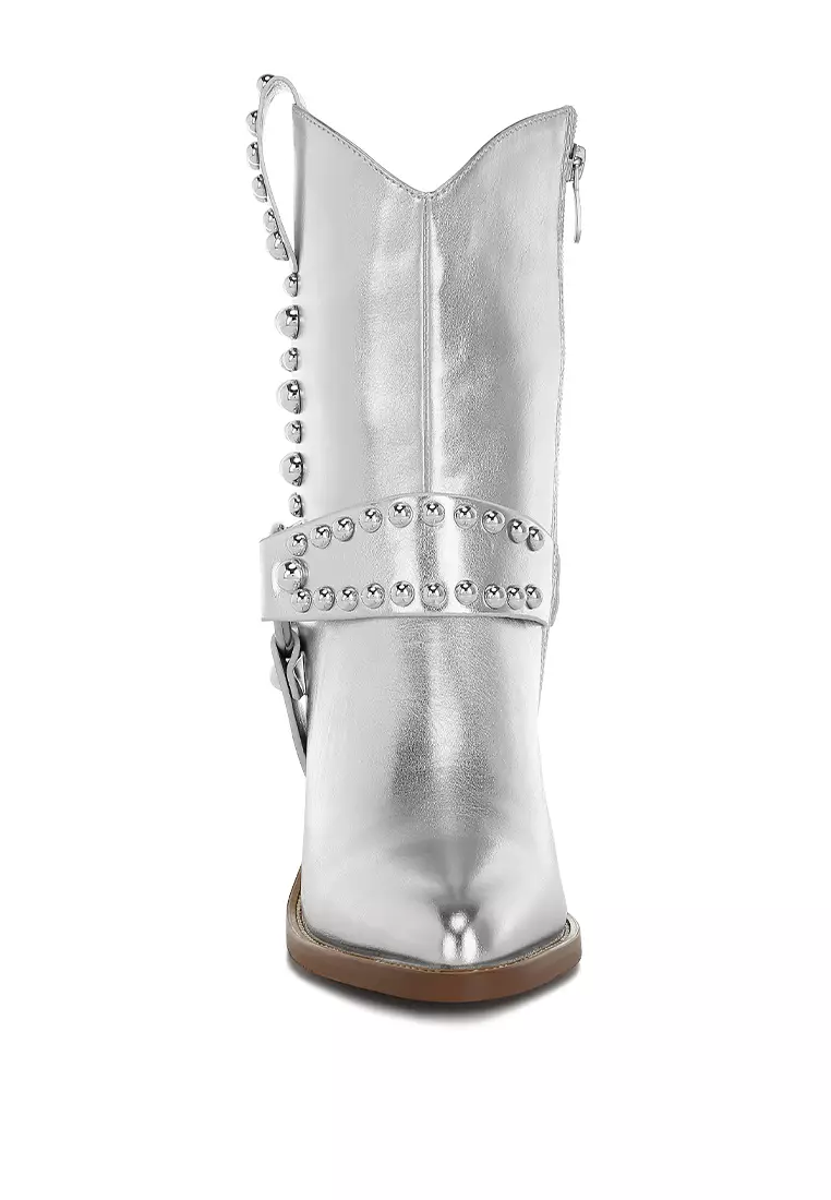 Studded Harness Detail Boots in Silver