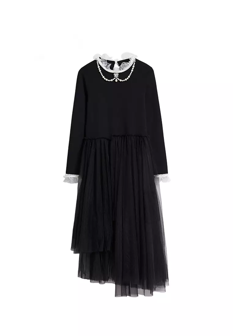 Asymmetric Mesh Spliced Knit Midi Dress