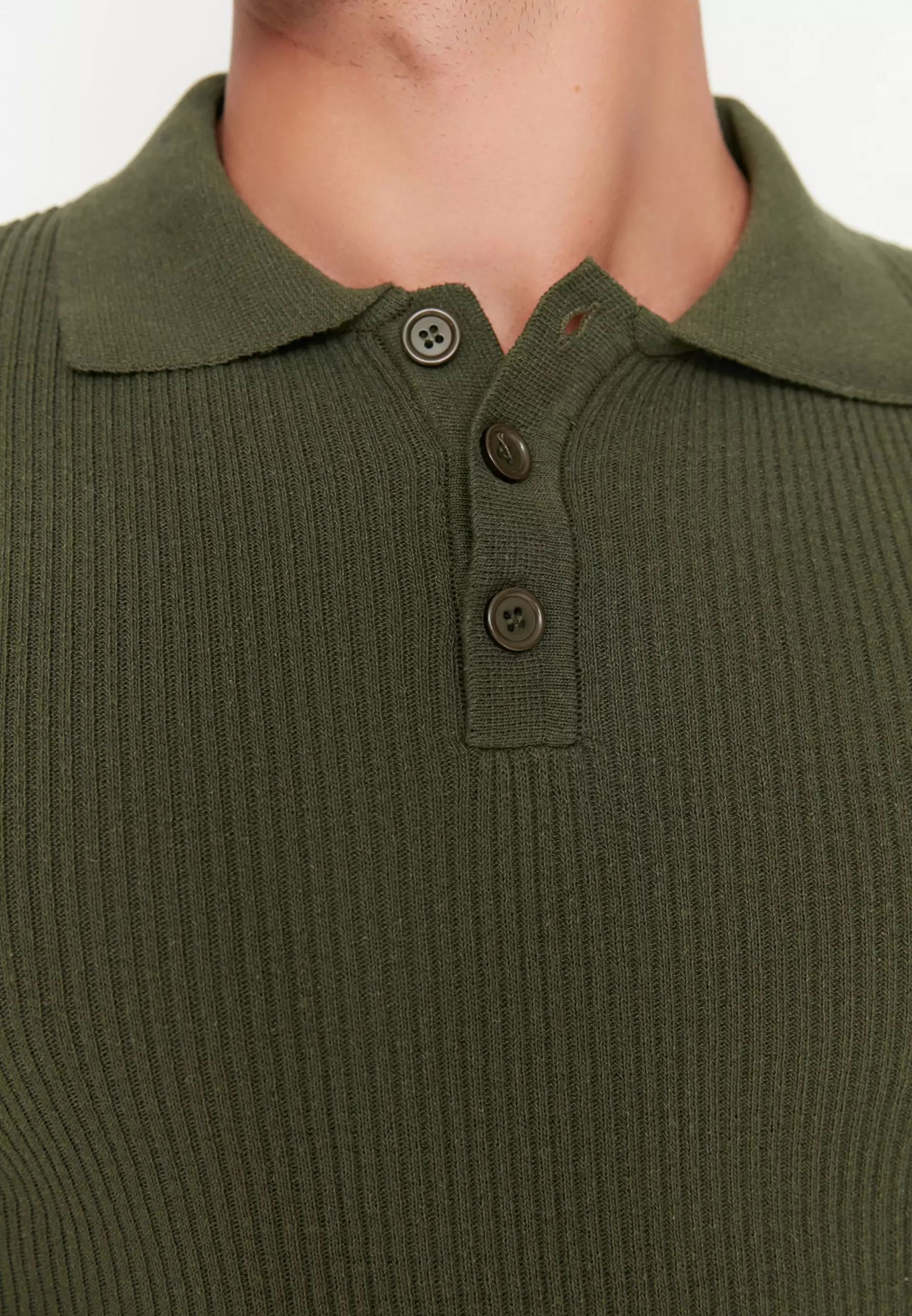 Slim Fit Buttoned Polo Neck Corduroy Knitted Sweater