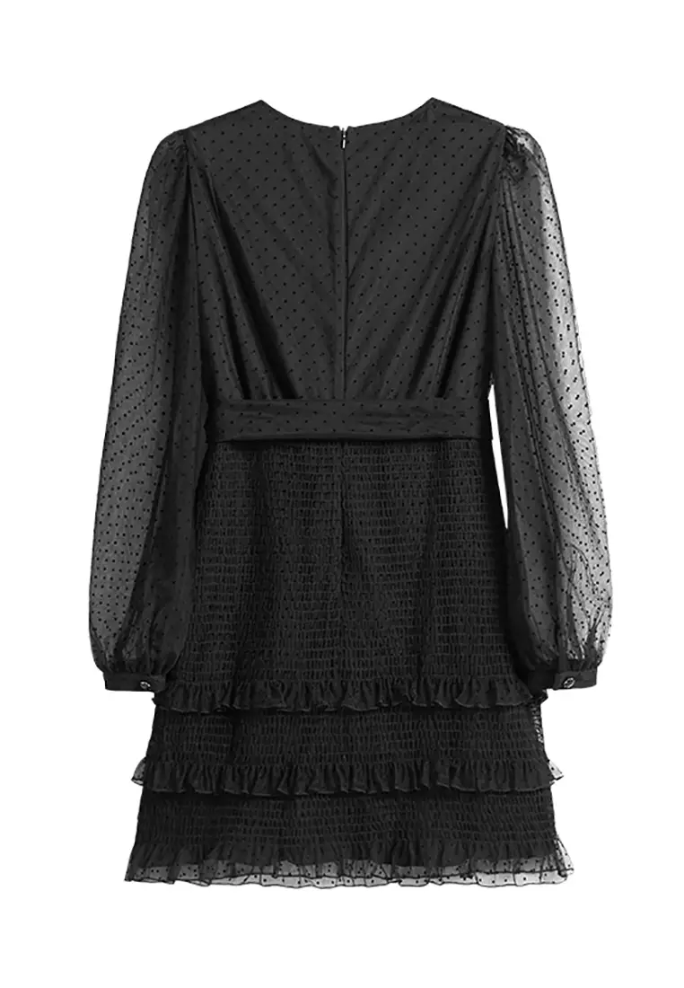 V-Neck Tiered Ruffled Dress with Polka Dot Mesh Sleeve