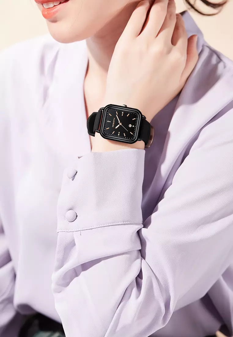 Jam Tangan Wanita Original Square Anggun Tali Silikon Anti Air Hitam