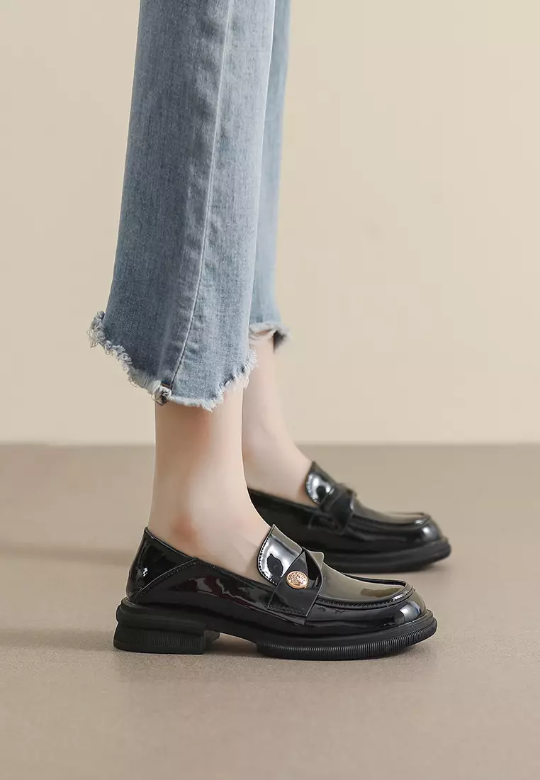 3.5CM Pleated Strap Faux Patent Leather Loafers WW105-16