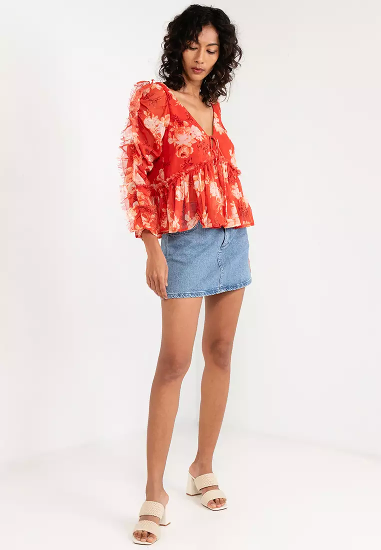 V Neck Blouse With Frill Long Sleeve Detail